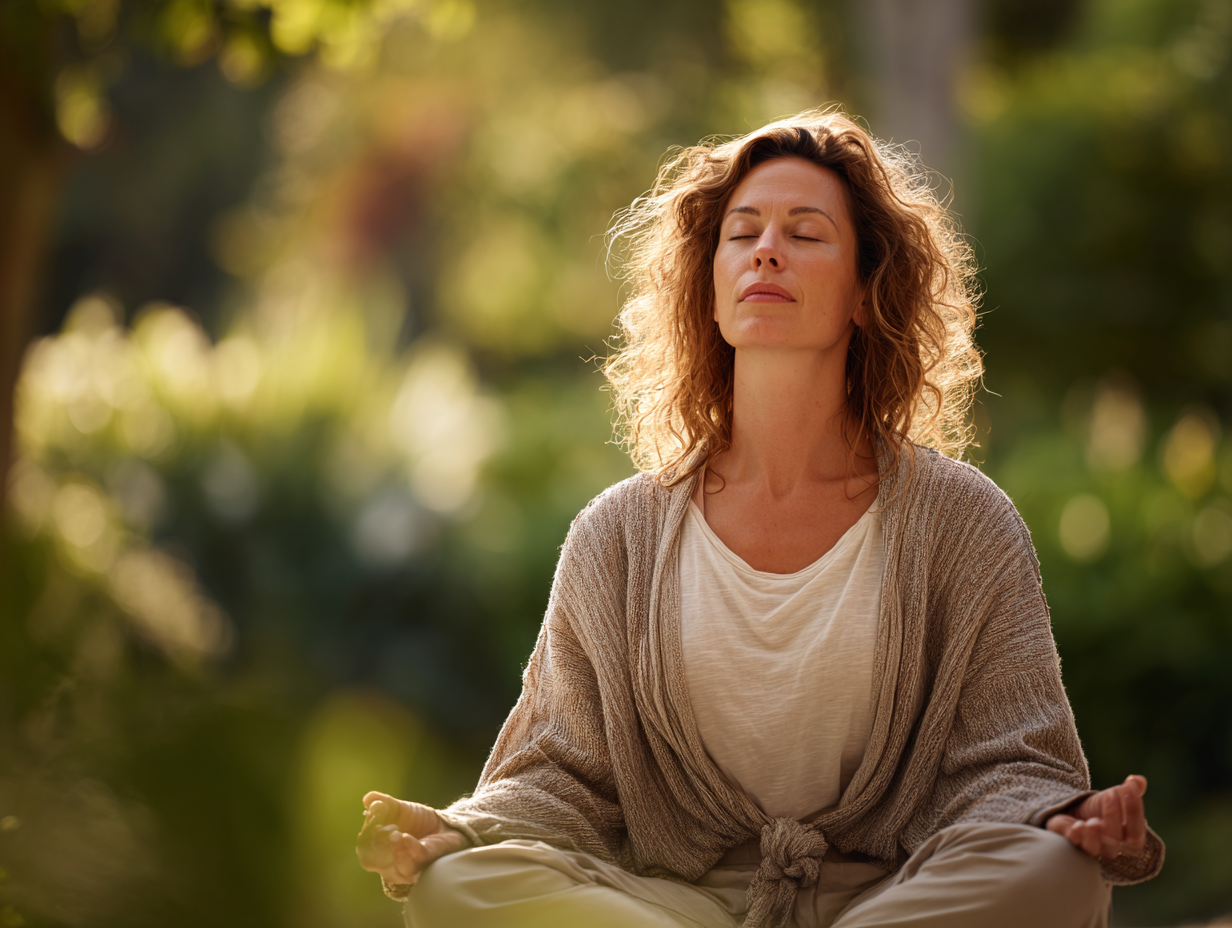 Жінка виконує позу йоги на фоні природи